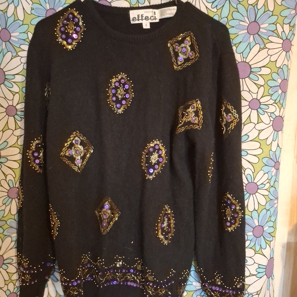 Creazoni Effeci black sweater with purple sequin and gold beads. Size Small